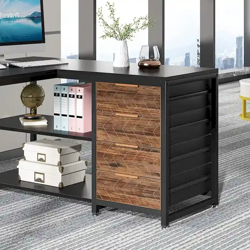 Reversible L-Shaped Office Desk with Drawers and Shelves