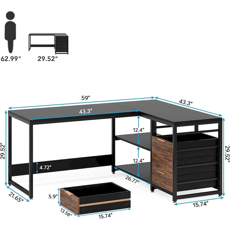 Reversible L-Shaped Office Desk with Drawers and Shelves