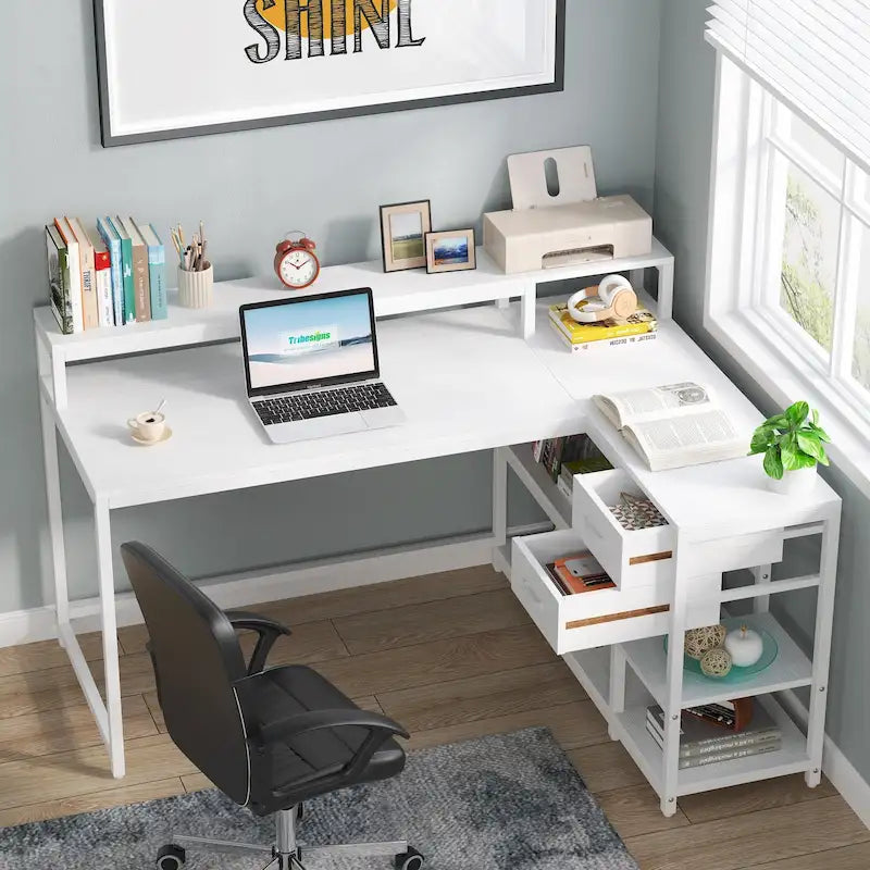 L-Shaped Desk with Drawer, Shelves and Monitor Stand