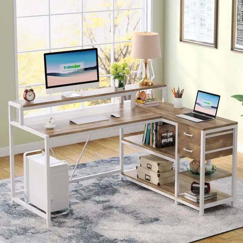 L-Shaped Desk with Drawer, Shelves and Monitor Stand