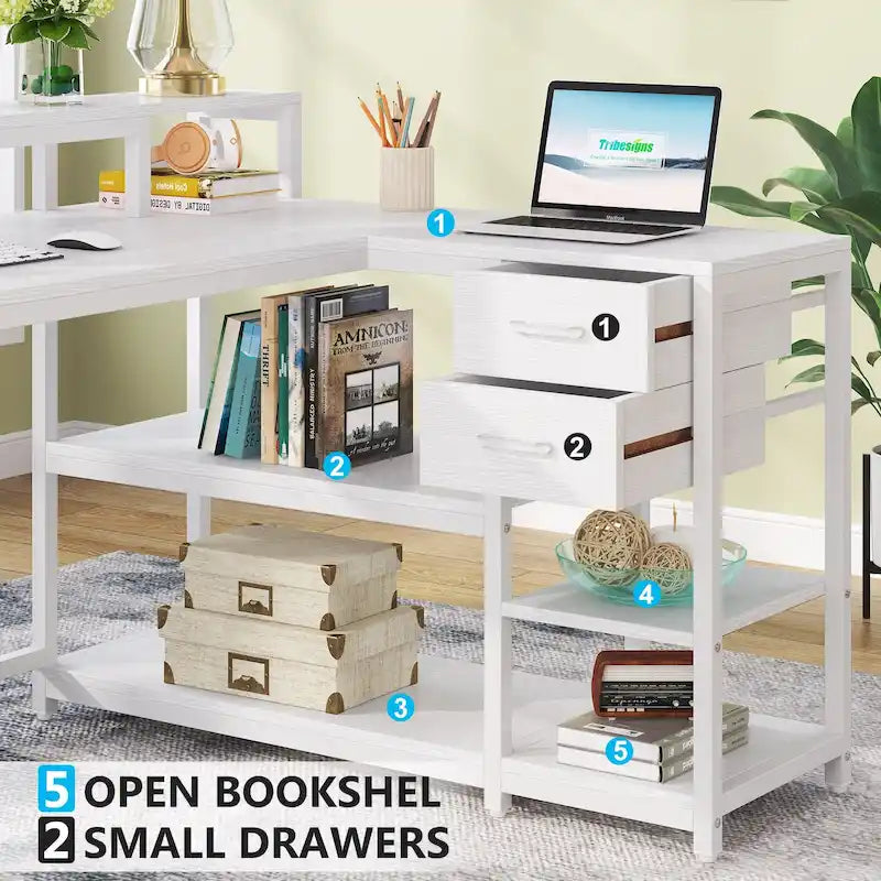 L-Shaped Desk with Drawer, Shelves and Monitor Stand
