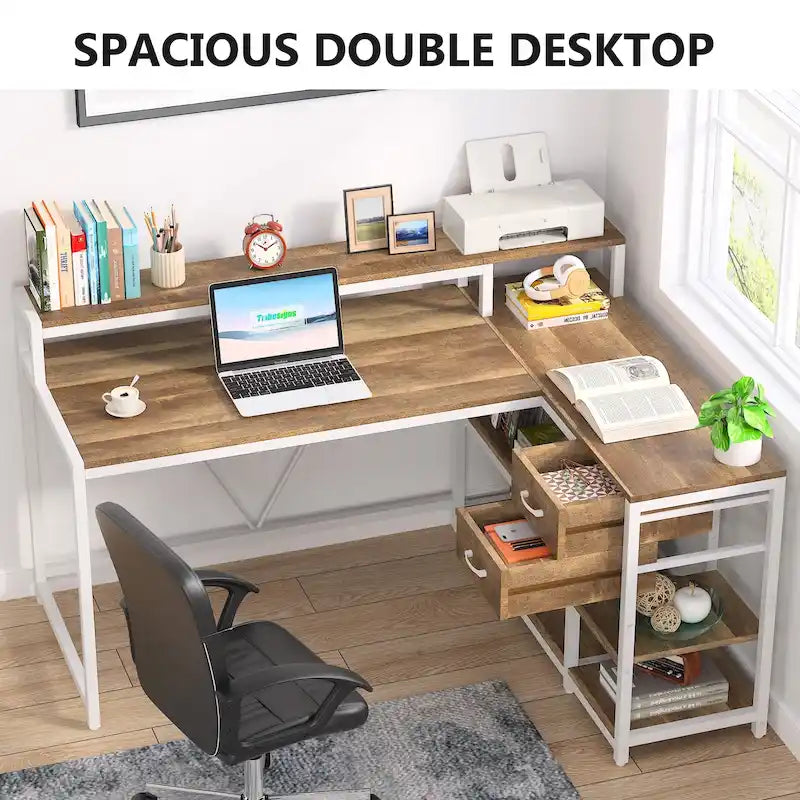 L-förmiger Schreibtisch mit Schublade, Ablagefächern und Monitorständer