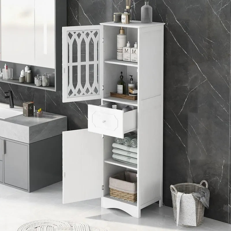 Colonne de rangement de salle de bains fine et haute avec étagère réglable, tiroir et 2 portes, meuble à linge indépendant