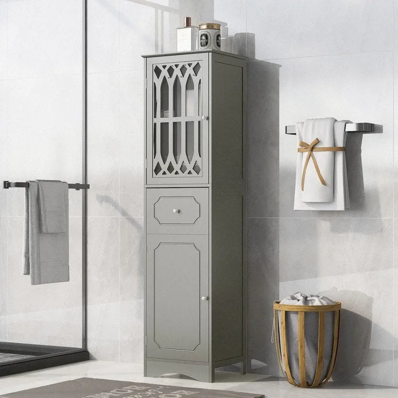 Colonne de rangement de salle de bains fine et haute avec étagère réglable, tiroir et 2 portes, meuble à linge indépendant