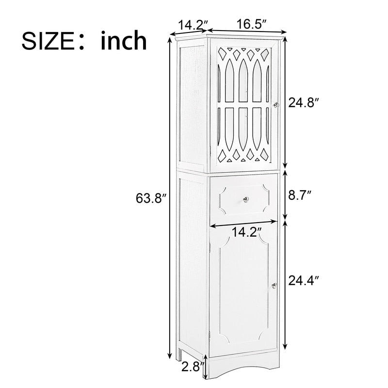 Colonne de rangement de salle de bains fine et haute avec étagère réglable, tiroir et 2 portes, meuble à linge indépendant
