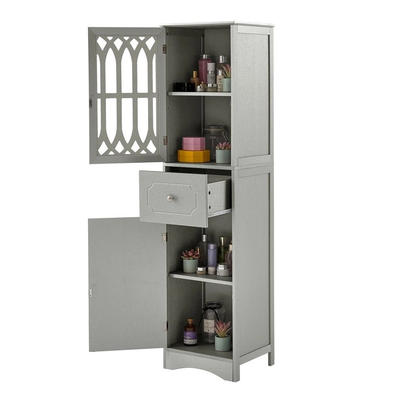 Colonne de rangement de salle de bains fine et haute avec étagère réglable, tiroir et 2 portes, meuble à linge indépendant