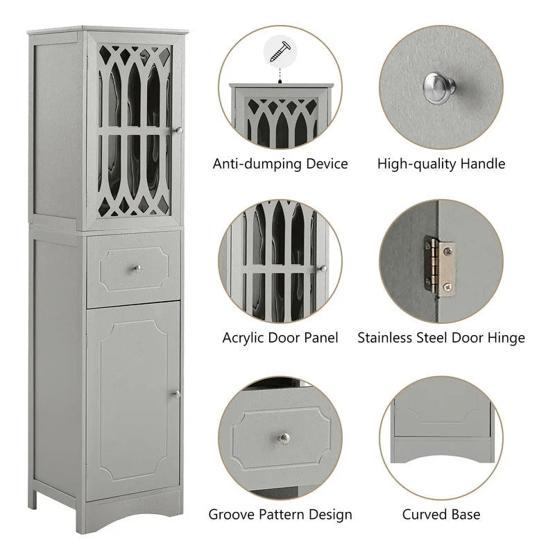 Colonne de rangement de salle de bains fine et haute avec étagère réglable, tiroir et 2 portes, meuble à linge indépendant