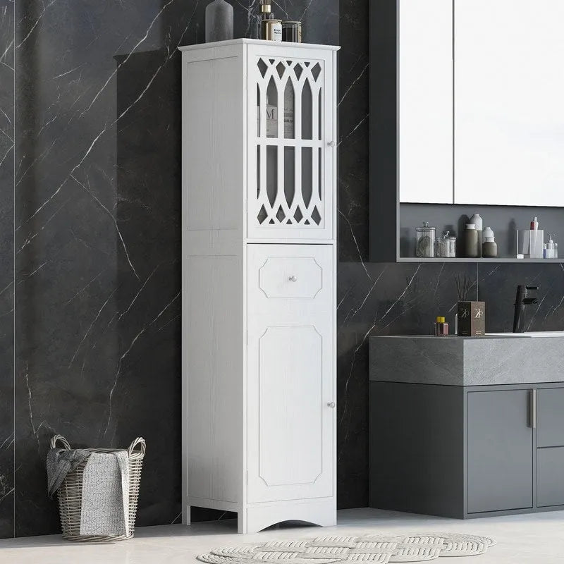 Colonne de rangement de salle de bains fine et haute avec étagère réglable, tiroir et 2 portes, meuble à linge indépendant
