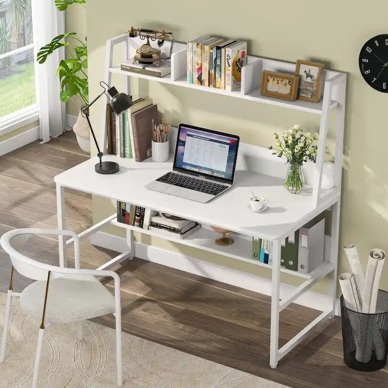 Scrivania per computer con alzatina e libreria, scrivania per ufficio domestico, tavolo da studio e scrittura