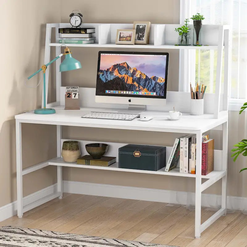 Scrivania per computer con alzatina e libreria, scrivania per ufficio domestico, tavolo da studio e scrittura