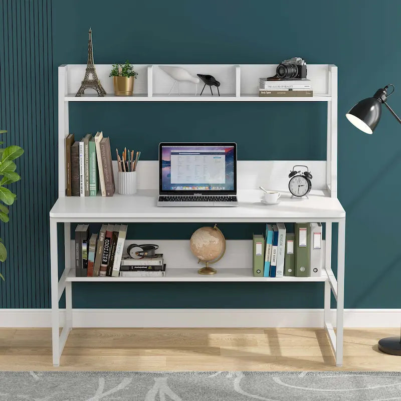 Scrivania per computer con alzatina e libreria, scrivania per ufficio domestico, tavolo da studio e scrittura