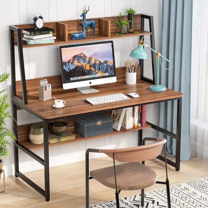 Scrivania per computer con alzatina e libreria, scrivania per ufficio domestico, tavolo da studio e scrittura