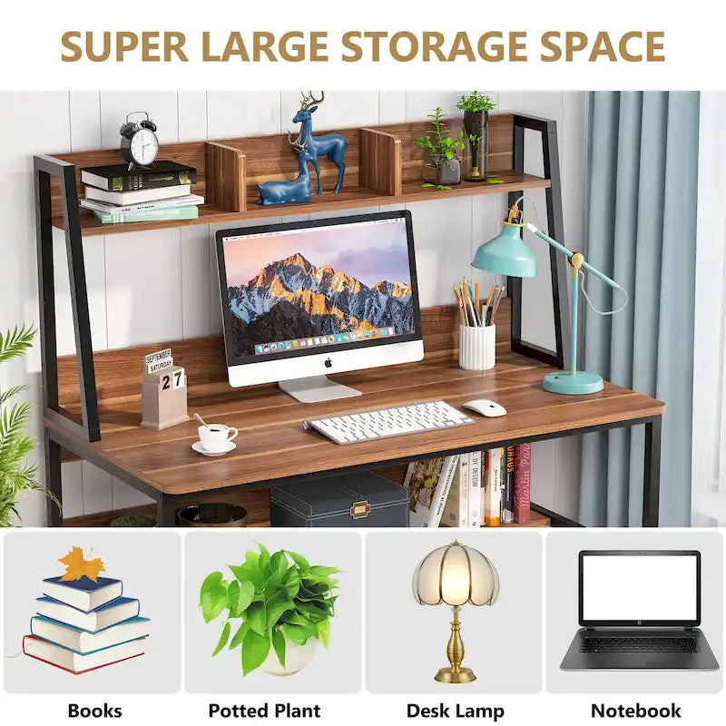 Scrivania per computer con alzatina e libreria, scrivania per ufficio domestico, tavolo da studio e scrittura