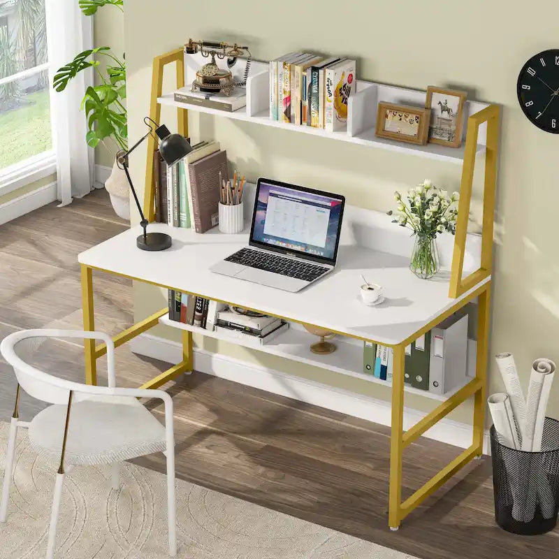 Scrivania per computer con alzatina e libreria, scrivania per ufficio domestico, tavolo da studio e scrittura