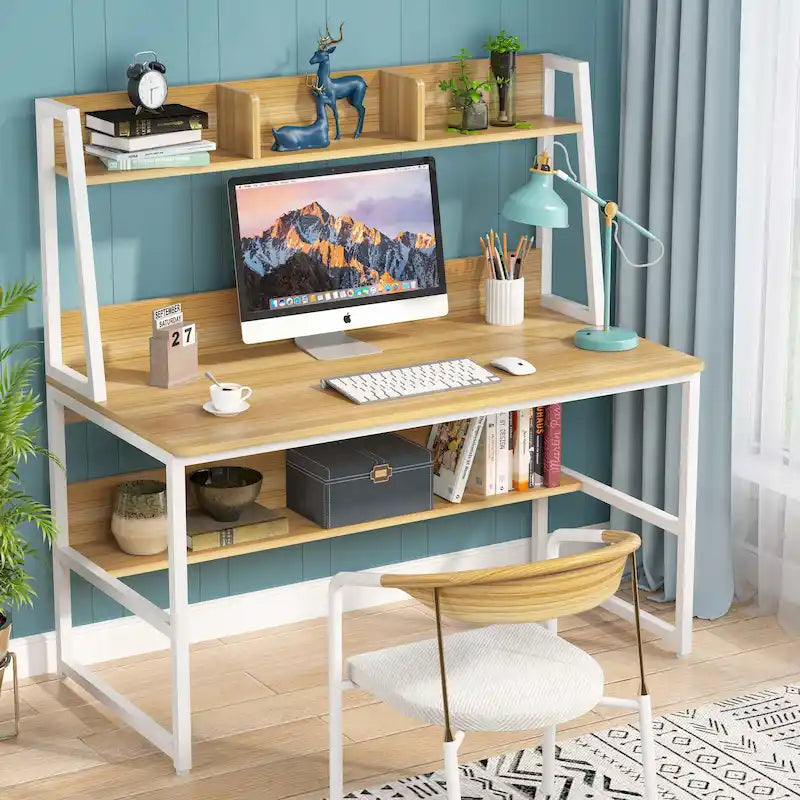 Scrivania per computer con alzatina e libreria, scrivania per ufficio domestico, tavolo da studio e scrittura