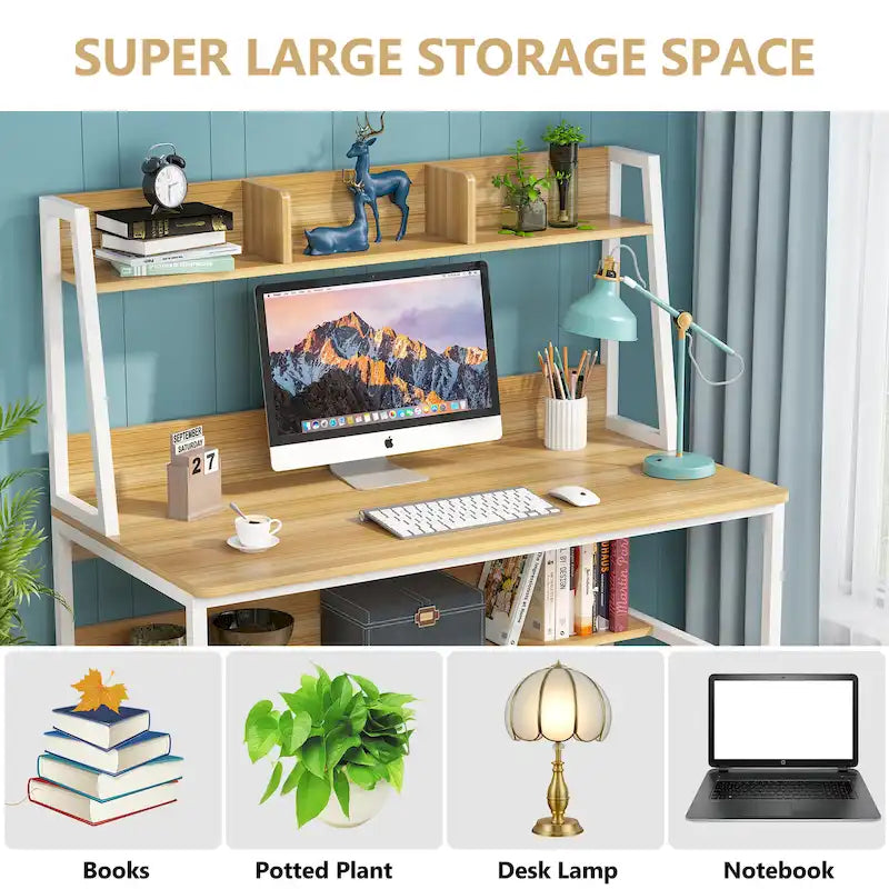 Scrivania per computer con alzatina e libreria, scrivania per ufficio domestico, tavolo da studio e scrittura