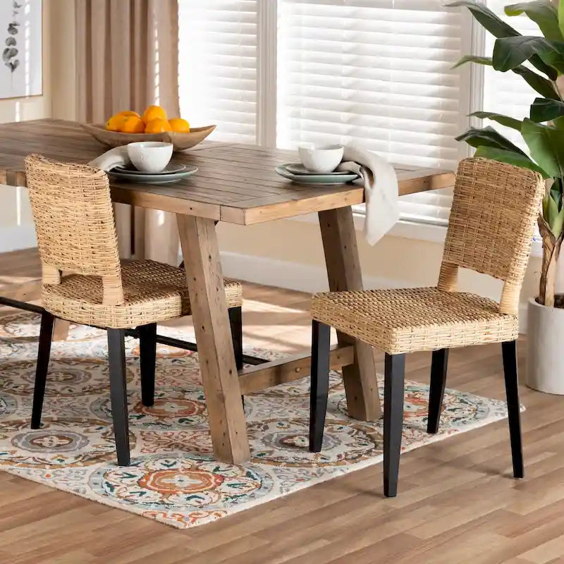 bali & pari Dermot Modern Bohemian Dark Brown Finished Wood and Natural Rattan 2-Piece Dining Chair Set