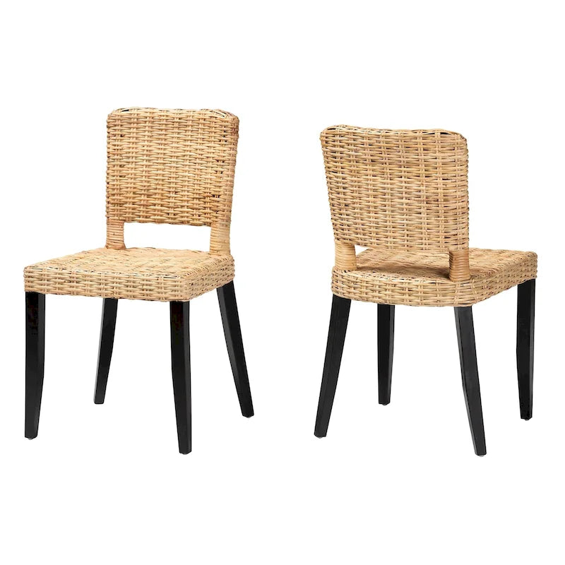 Ensemble de 2 chaises de salle à manger bohèmes en bois de manguier et rotin naturel