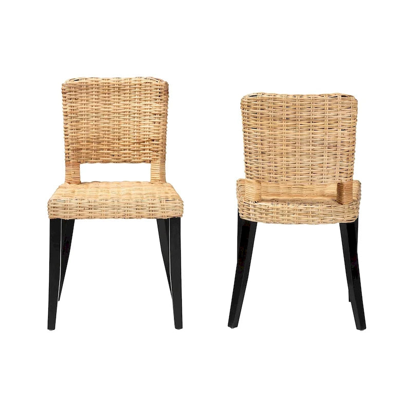 Ensemble de 2 chaises de salle à manger bohèmes en bois de manguier et rotin naturel