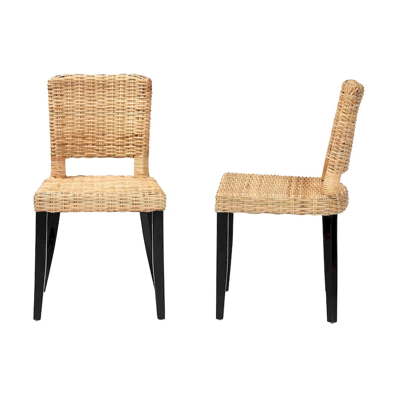 Ensemble de 2 chaises de salle à manger bohèmes en bois de manguier et rotin naturel