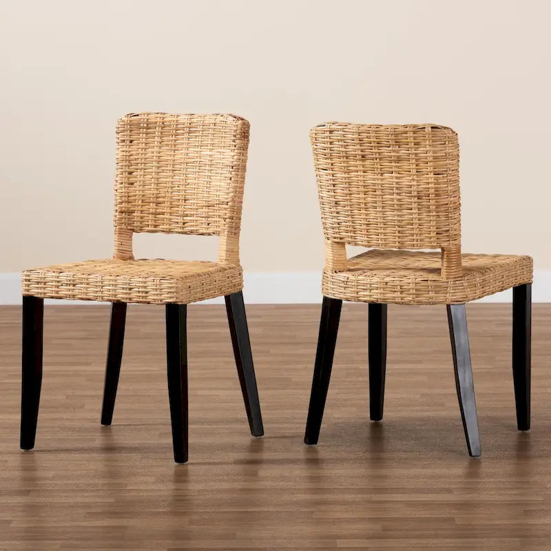 Ensemble de 2 chaises de salle à manger bohèmes en bois de manguier et rotin naturel