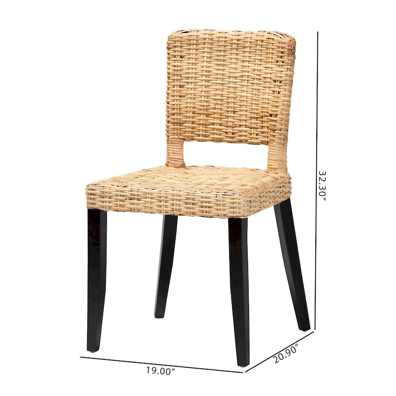 Ensemble de 2 chaises de salle à manger bohèmes en bois de manguier et rotin naturel