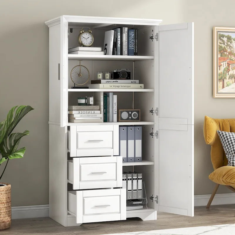 Armoire de rangement haute et large avec portes et trois tiroirs