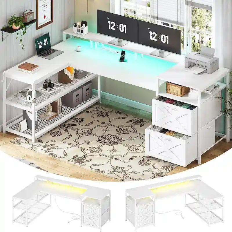 67" L-förmiger Gamingtisch mit Ablagefächern, Steckdose und 2 Schubladen
