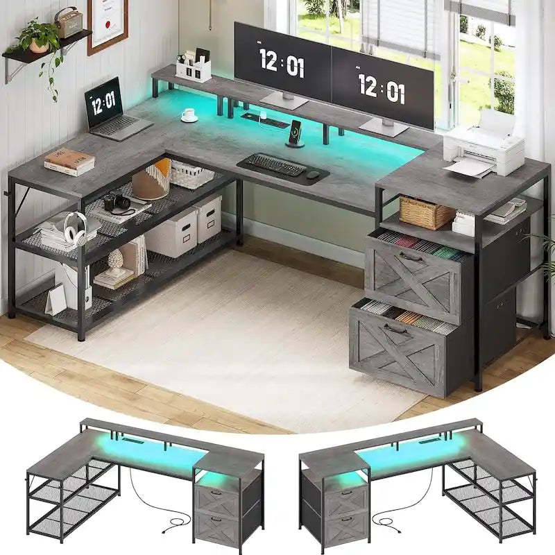 67" L-Shaped Gaming Desk with Storage Shelves, Power Outlet & 2 Drawers