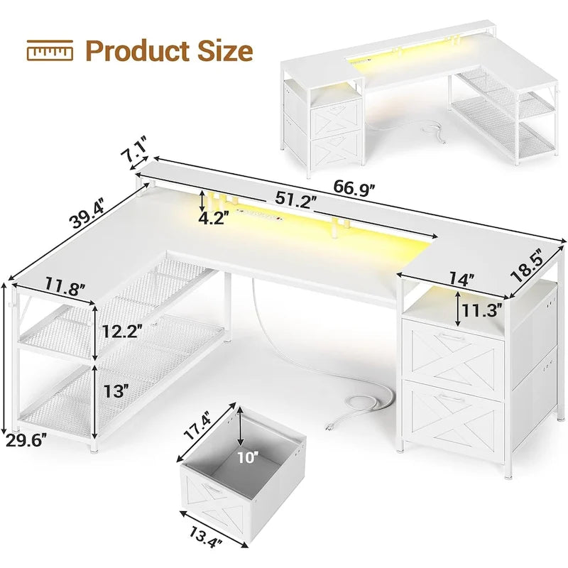 67" L-Shaped Gaming Desk with Storage Shelves, Power Outlet & 2 Drawers