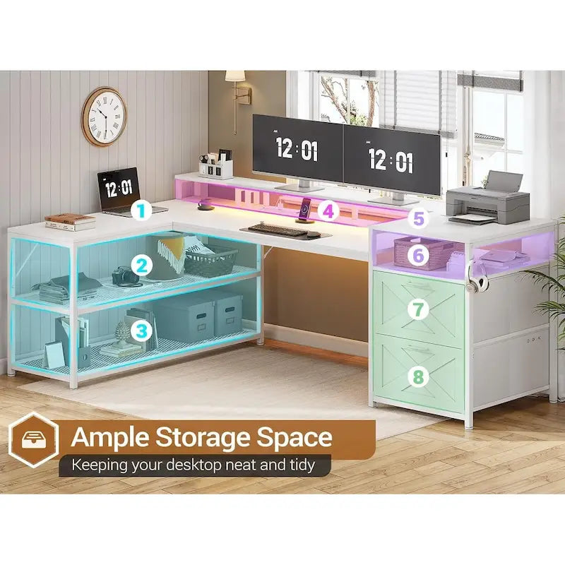 67" L-Shaped Gaming Desk with Storage Shelves, Power Outlet & 2 Drawers