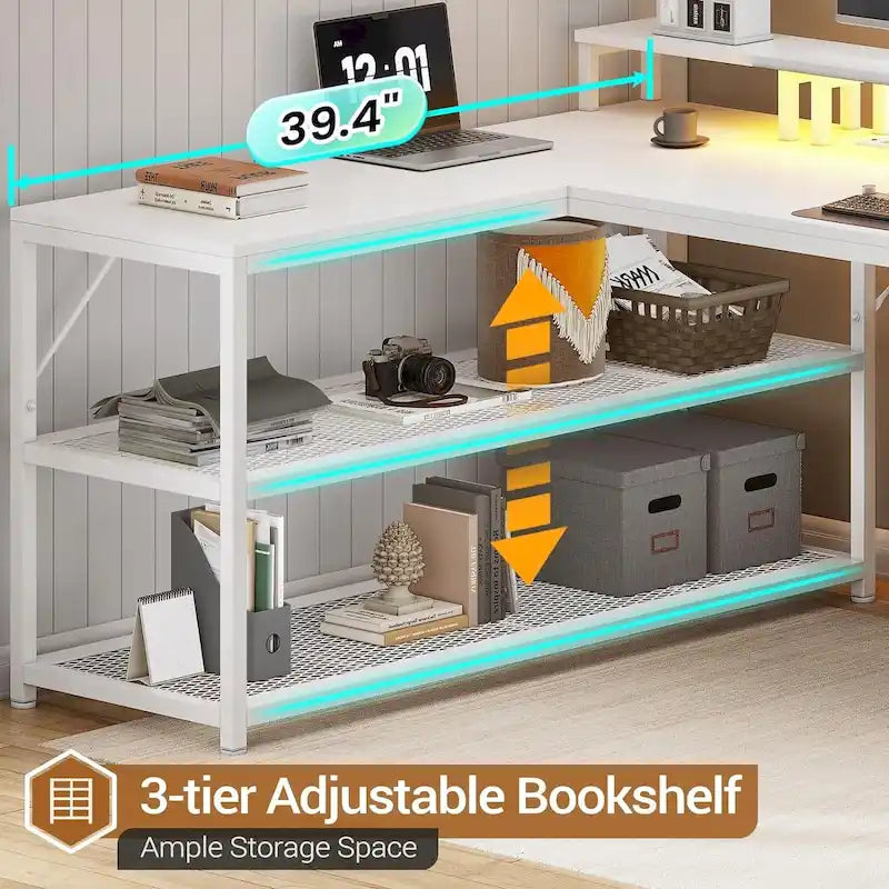 67" L-förmiger Gamingtisch mit Ablagefächern, Steckdose und 2 Schubladen