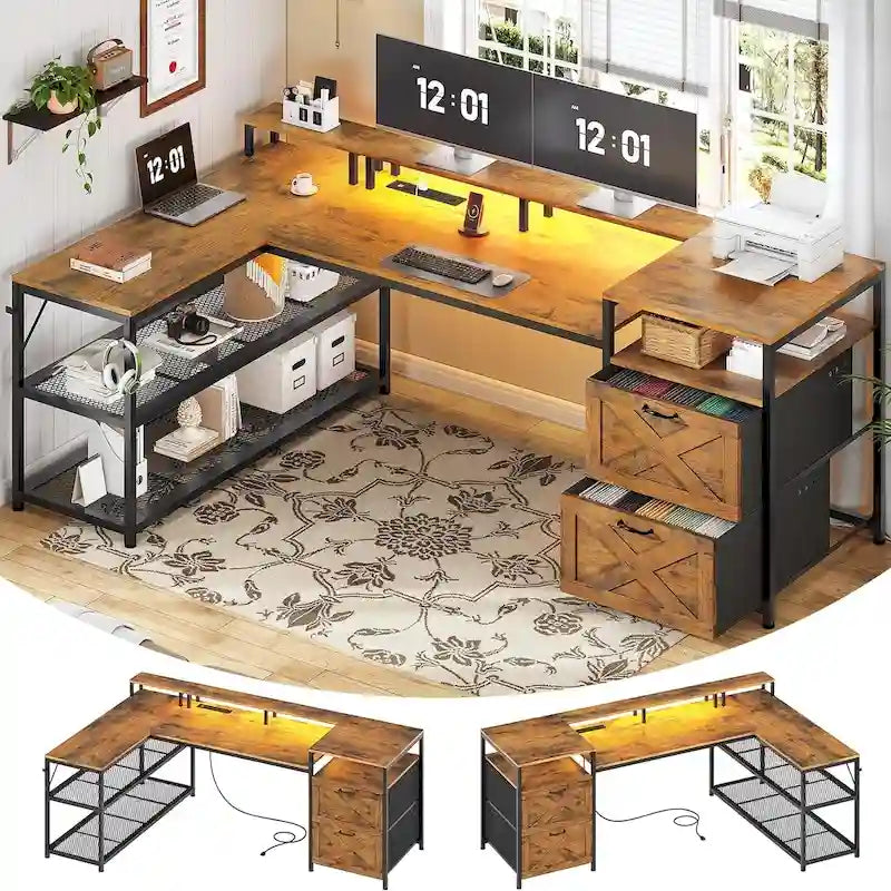 67" L-förmiger Gamingtisch mit Ablagefächern, Steckdose und 2 Schubladen