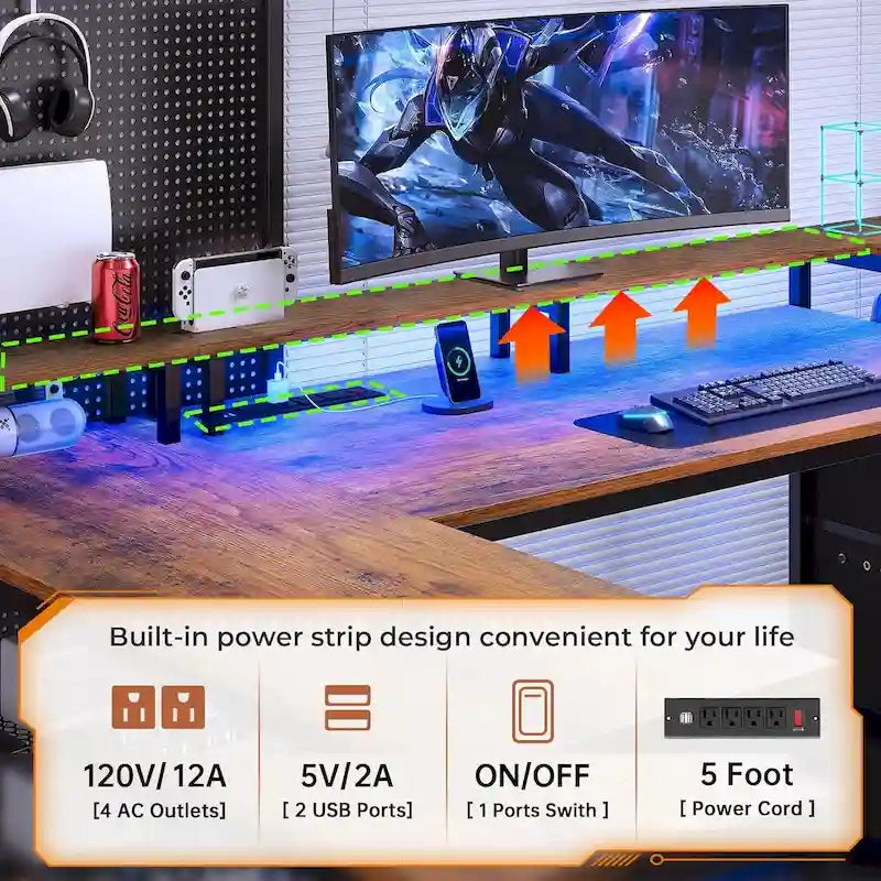 67" L-förmiger Gamingtisch mit Ablagefächern, Steckdose und 2 Schubladen
