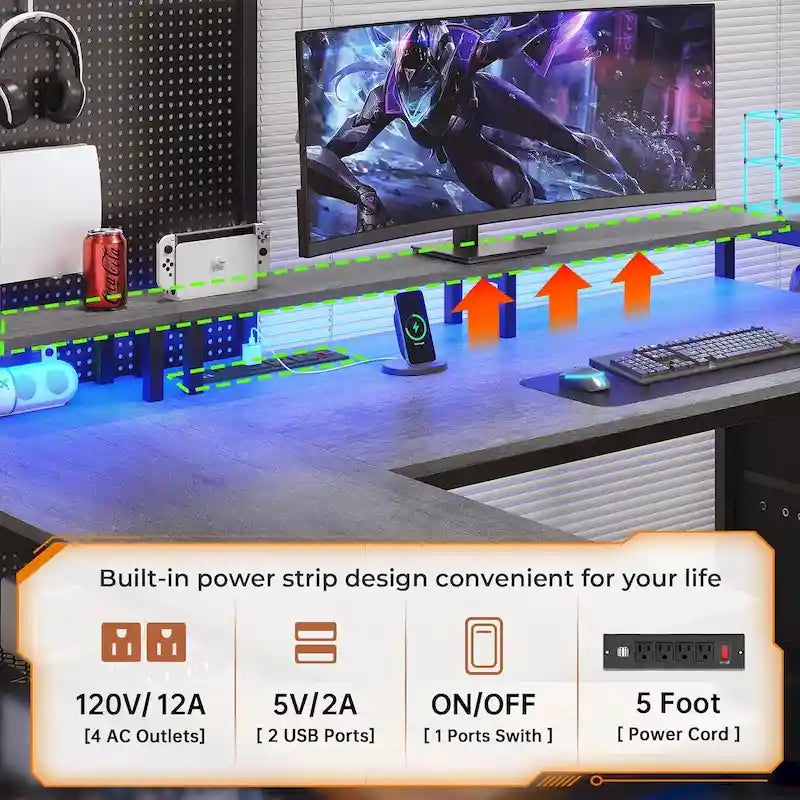 67" L-förmiger Gamingtisch mit Ablagefächern, Steckdose und 2 Schubladen