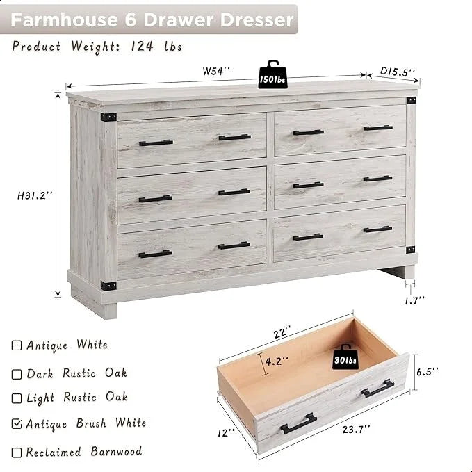 Commode de ferme à 6 tiroirs, coffre en bois, commode de dressing