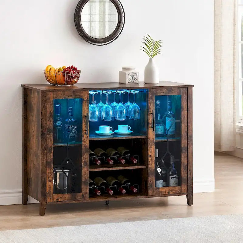Meuble-bar à vin avec éclairage LED et portes en verre