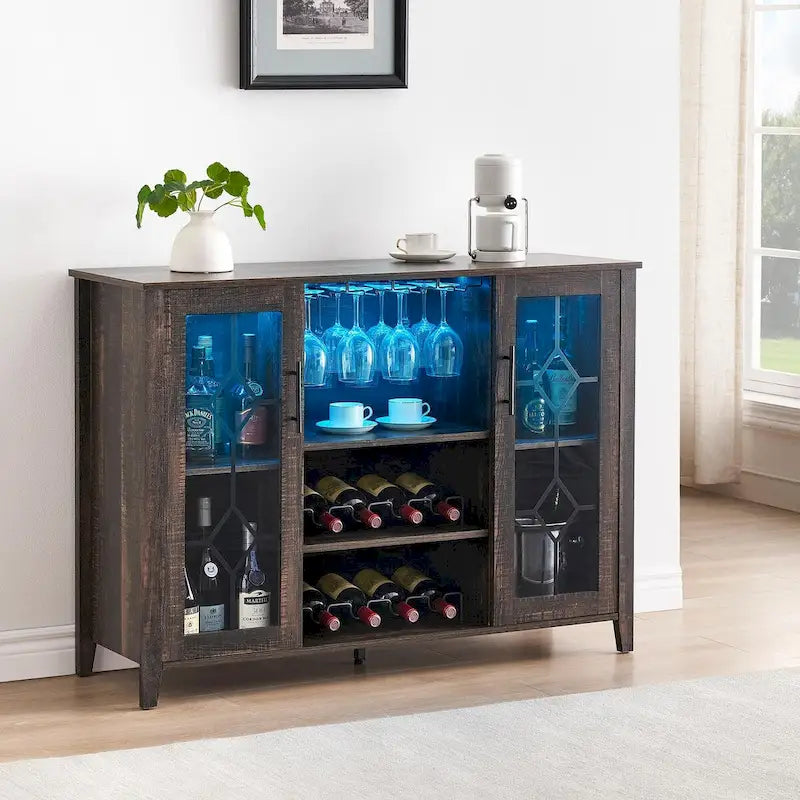 Meuble-bar à vin avec éclairage LED et portes en verre
