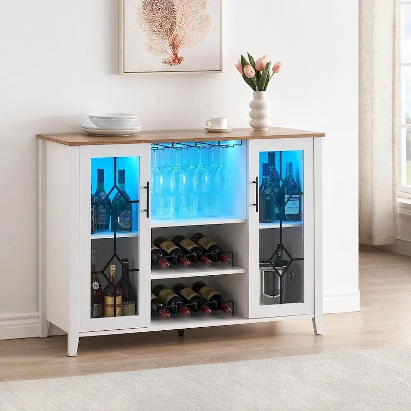 Meuble-bar à vin avec éclairage LED et portes en verre