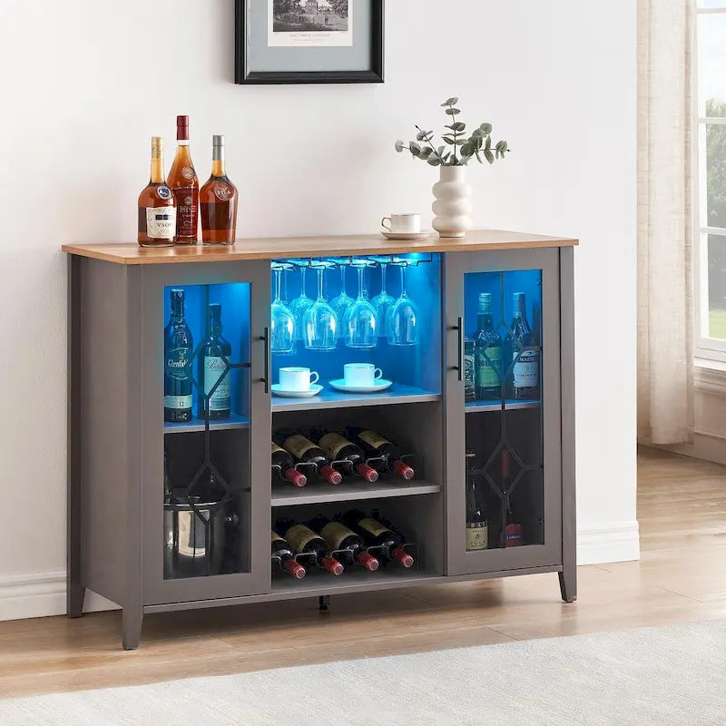 Meuble-bar à vin avec éclairage LED et portes en verre
