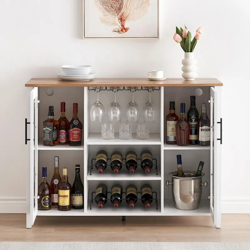 Meuble-bar à vin avec éclairage LED et portes en verre