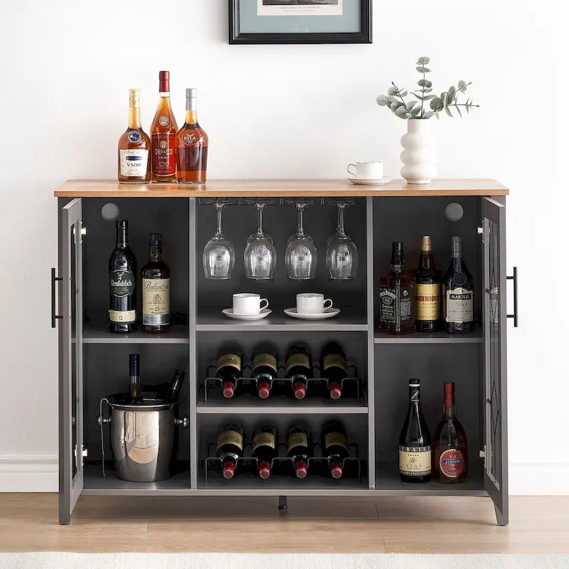 Meuble-bar à vin avec éclairage LED et portes en verre