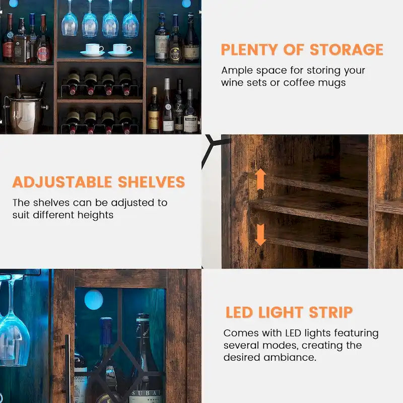 Meuble-bar à vin avec éclairage LED et portes en verre