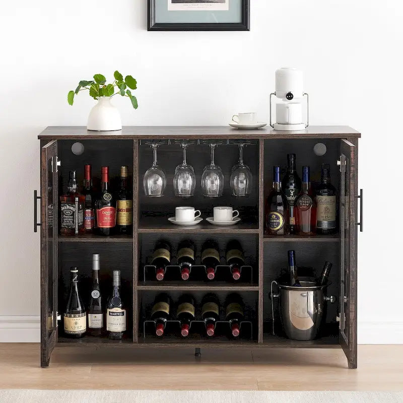 Meuble-bar à vin avec éclairage LED et portes en verre