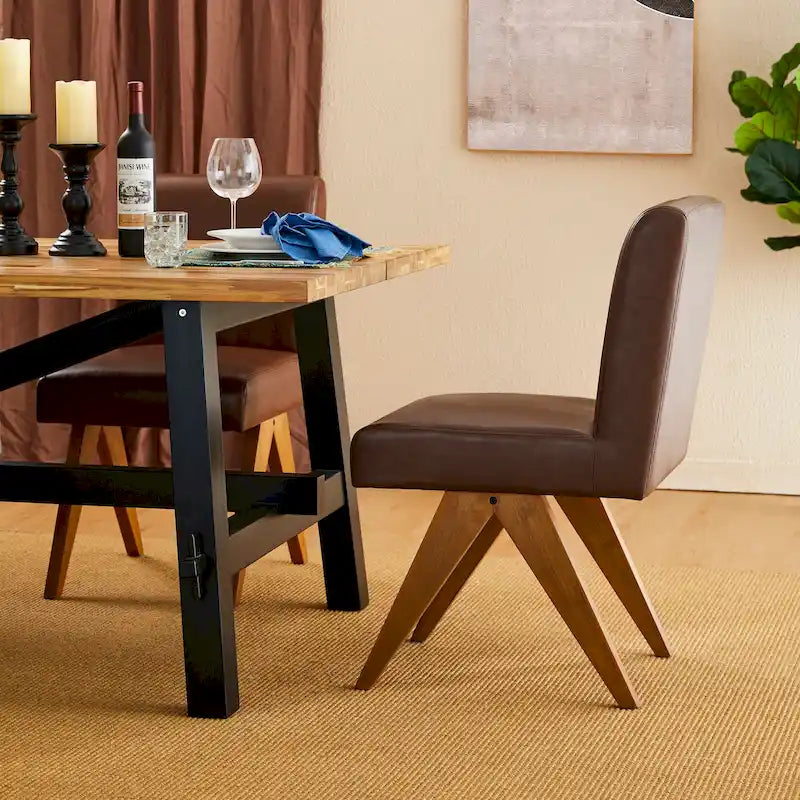 Set of 4 Faux Leather Upholstered Side Dining Chairs with V-Shaped Wood Legs