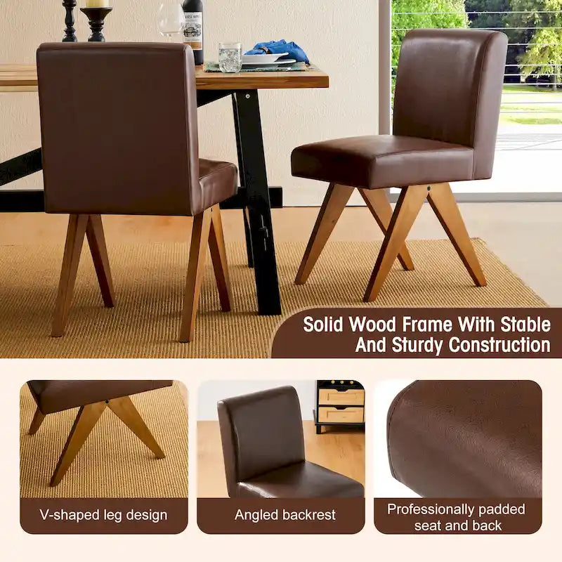Set of 4 Faux Leather Upholstered Side Dining Chairs with V-Shaped Wood Legs
