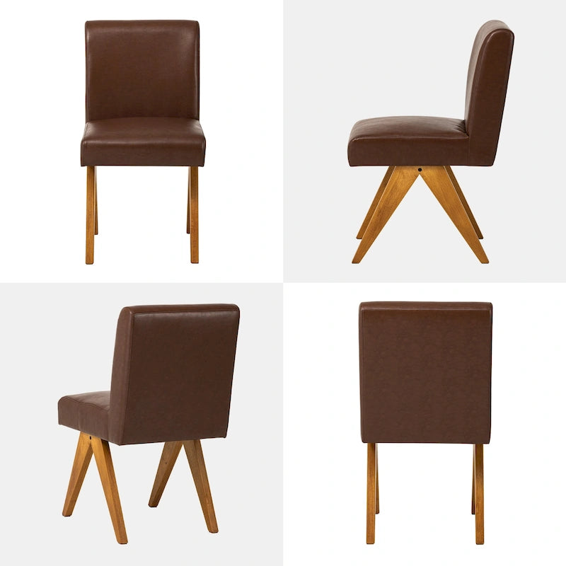 Set of 4 Faux Leather Upholstered Side Dining Chairs with V-Shaped Wood Legs
