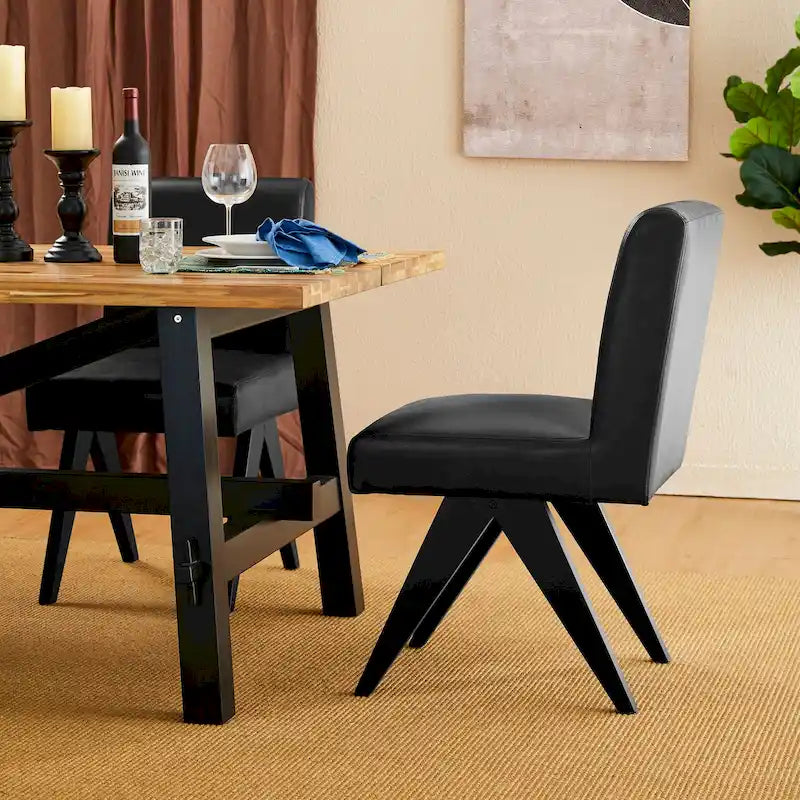 Set of 4 Faux Leather Upholstered Side Dining Chairs with V-Shaped Wood Legs