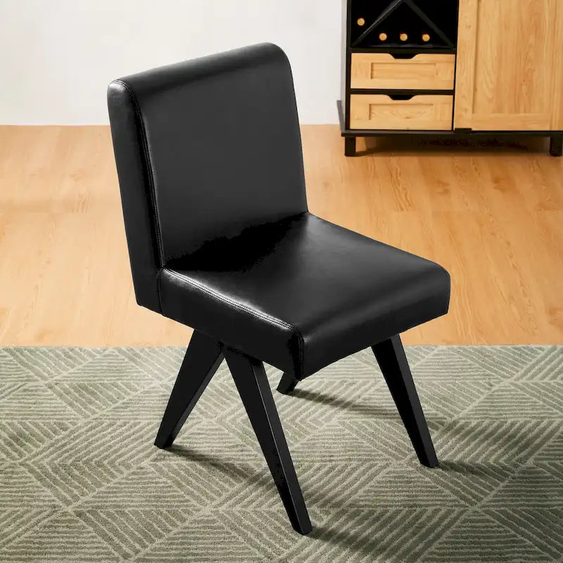 Set of 4 Faux Leather Upholstered Side Dining Chairs with V-Shaped Wood Legs