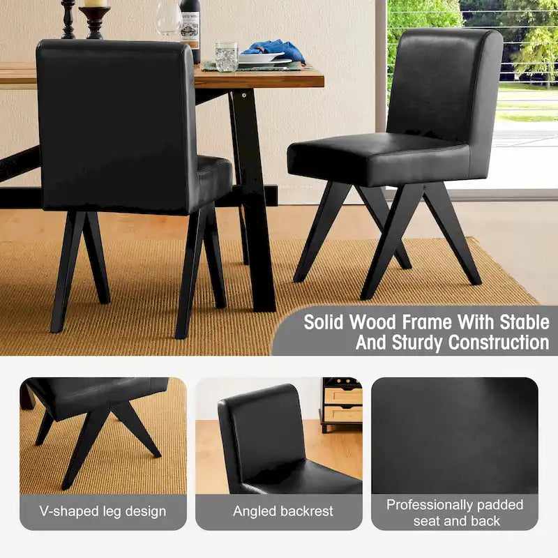 Set of 4 Faux Leather Upholstered Side Dining Chairs with V-Shaped Wood Legs